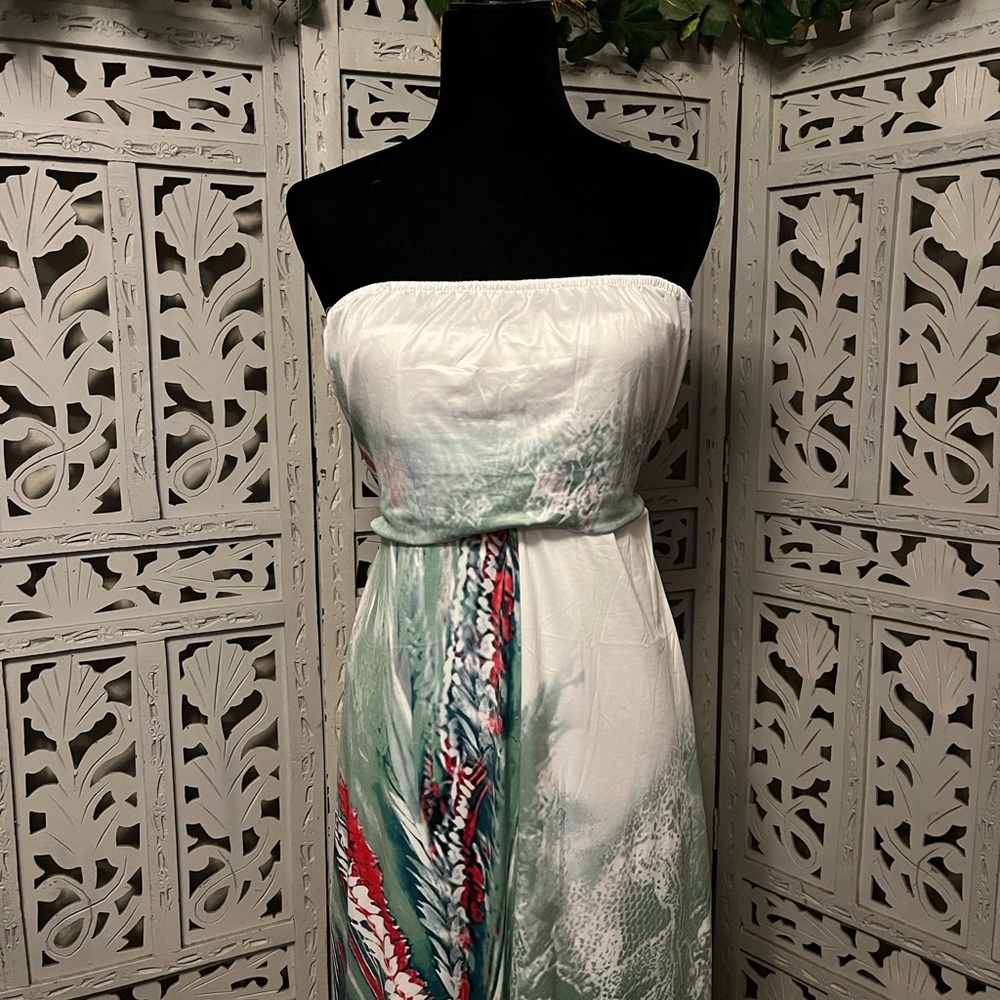 SPRING FEVER WHITE GREEN RED & ANIMAL PRINT STRAPLESS WIDE LEG PLUS JUMPSUIT - Picture 2 of 13